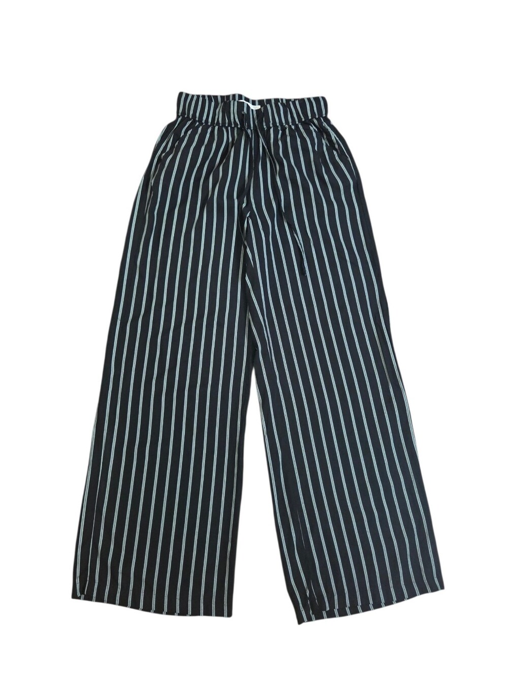 Women's Black and White Striped High Rise, Wide-Leg Drawstring Pants
